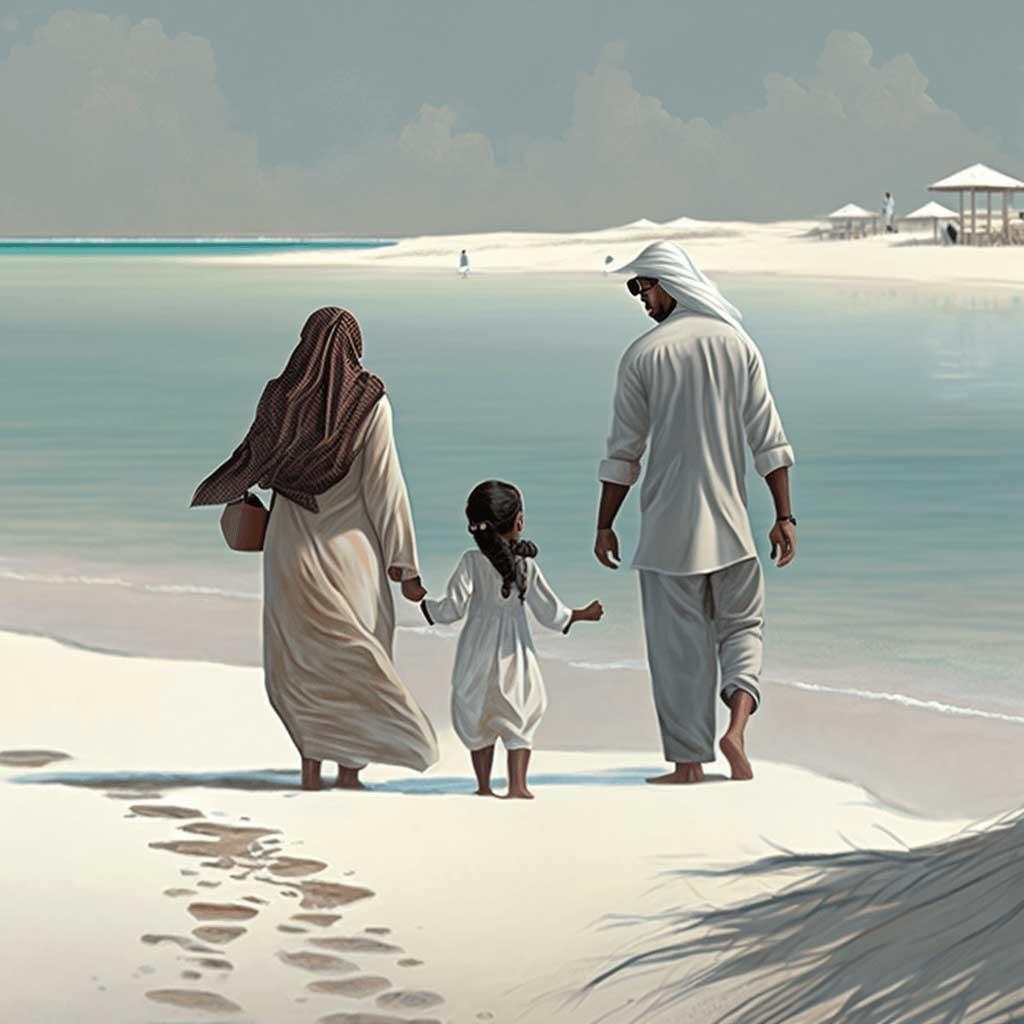 young-family-of-three-walking-across-beach-in-abu-dhabi-vs-dubai