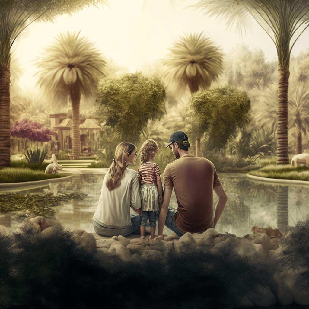 young-family-of-through-overlooking-pond-in-a-park-abu-dhabi-vs-dubai