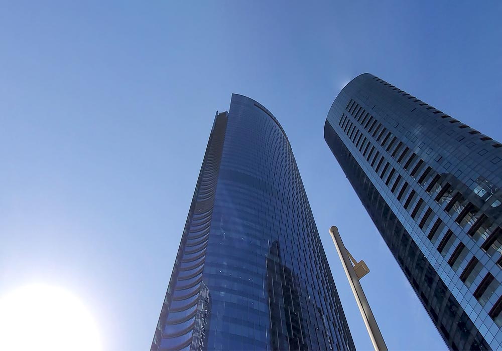 addax-tower-bottom-up-view-from-the-side-during-the-early-evening