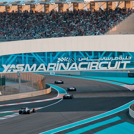 F1 cars in Yas Marina Circuit near Al Zeina