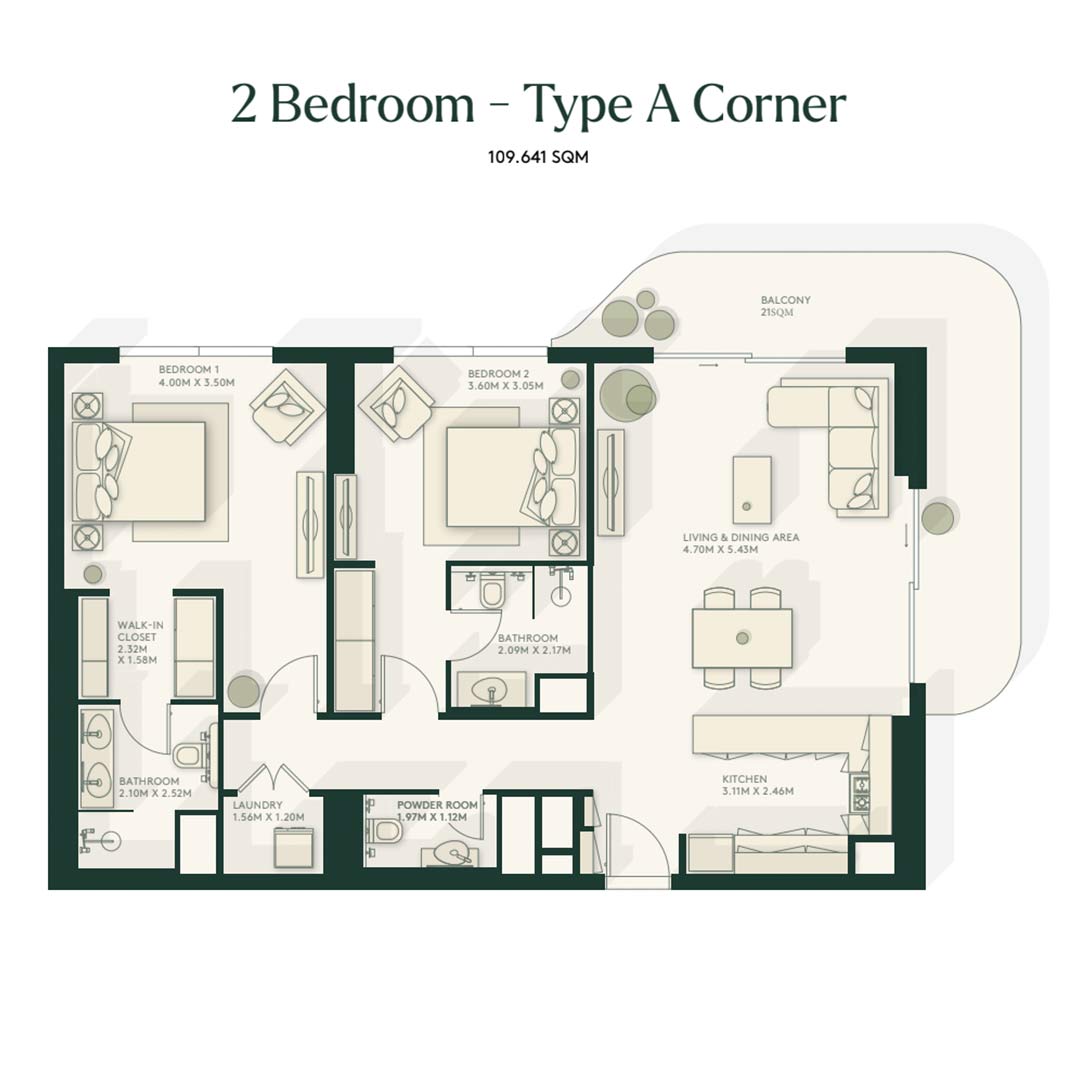 Gardenia bay 2 bedroom type a corner floor plan