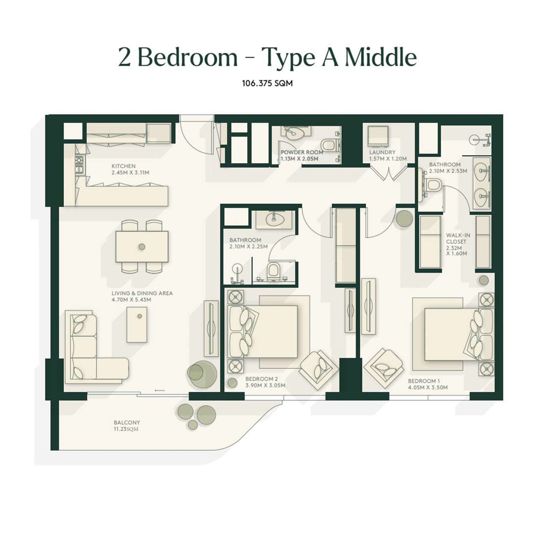 Gardenia bay 2 bedroom type a middle floor plan