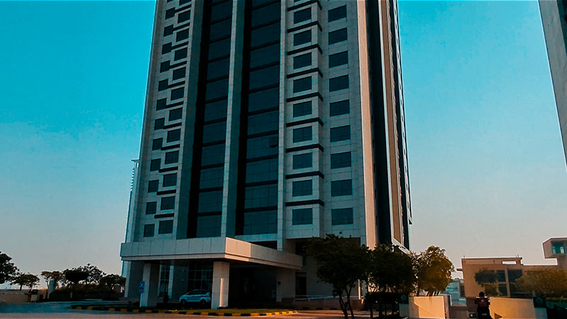 Entrance of blue tower in Abu Dhabi