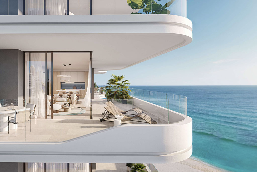 terrace with sun loungers of the villas of nikki beach residences