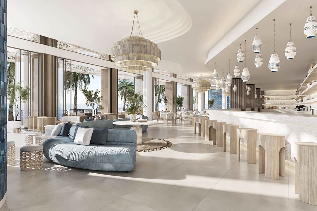 ground level lounge area and restaurant within Nikki Beach Residences Al Marjan