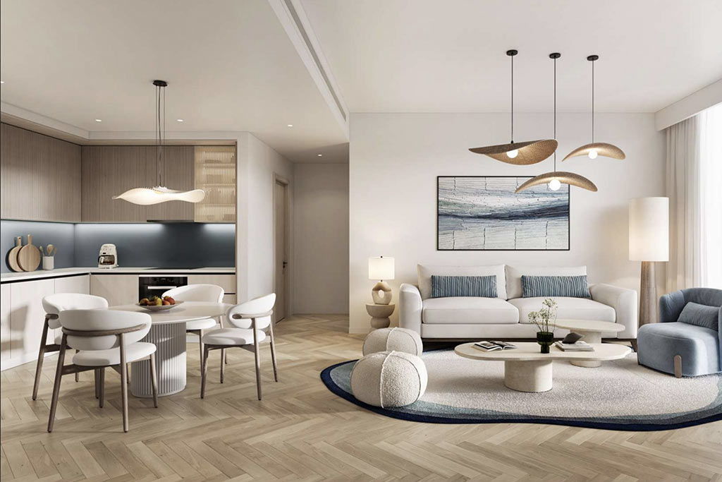 modern kitchen and living area of Nikki Beach Residences Al Marjan