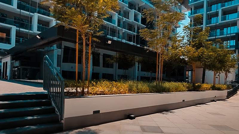 built-in plant patio on the ground floor outside the building