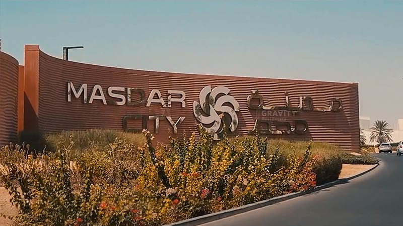 Masdar City welcome sign view while driving