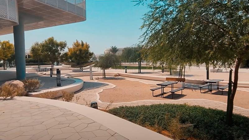 Masdar city park bench area beside the stage