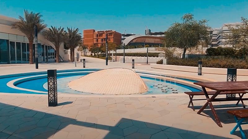 Masdar city park fountain and picnic area