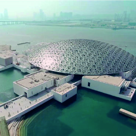 aerial view of big dome structure that houses art and antiquities